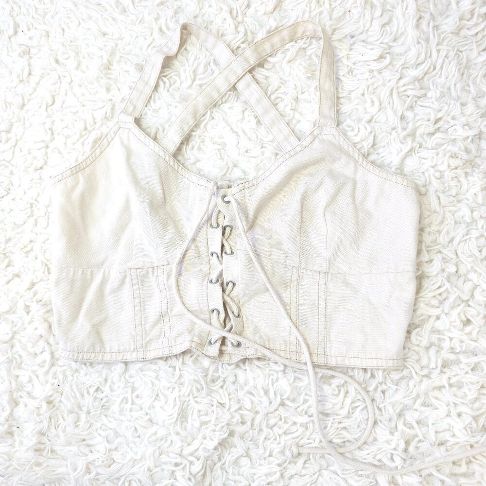 American Eagle Off White Lace up Bustier Crop Top, Size M
